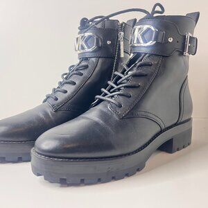 Michael Kors Women’s Black Leather Moto Combat Ankle Boots Lug Sole Lace-Up – 5.